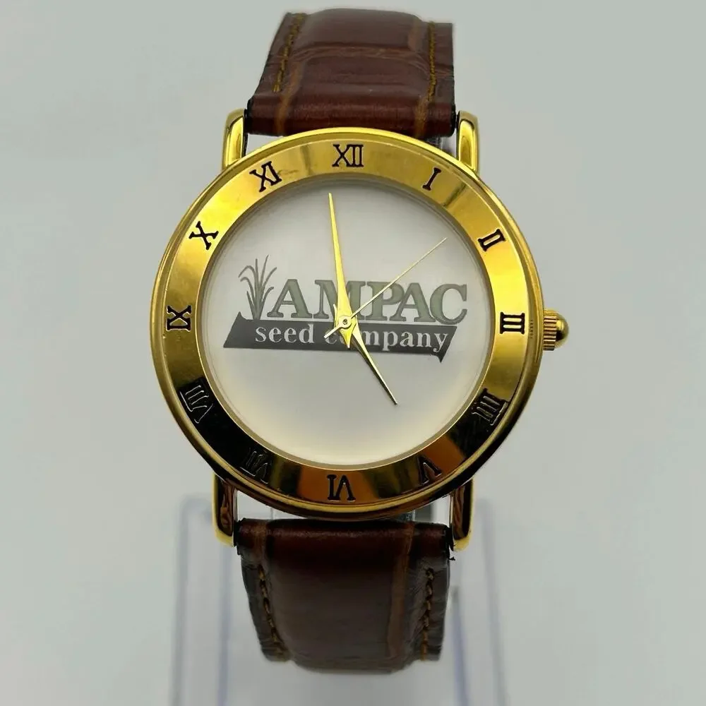Ampac Seed Company Gold-tone Bezel Brown Leather Watch Working New Battery